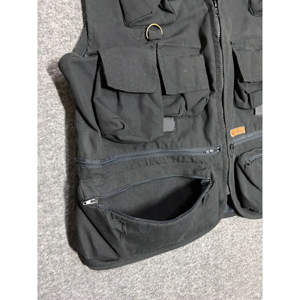 VTG Brian Brothers Utility Vest Mens L Black Graphic Back Multi-Pocket Full Zip